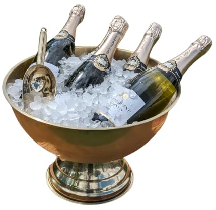 OAK7 Raffreddatore da champagne in acciaio inox dorato con paletta per ghiaccio, grande vino rotondo e spumante, 8 litri, raffredda fino a 5 bottiglie, XL refrigeratore per bottiglie per feste e