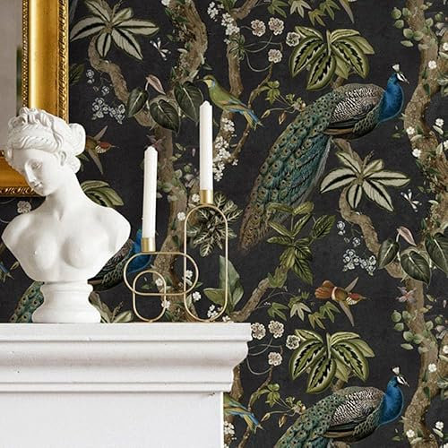 SOPHIE LAURENCE Charcoal Peacock Woods Wallpaper - Modern Botanical Design, Washable, 0.53m x 10.05m
