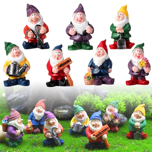 xlwen Nani Da Giardino, 7 pezzi Statuette a Forma di Gnomo,Mini Gnomi da Giardino, con Statuetta a Forma di Gnomo Realizzato a Mano, per Decorazione da Giardino, per Interni o Esterni