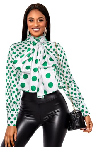 AOMEI Ladies Polka Dot Work Blouses Button Down Bow Tie Front Top Mock Neck Long Sleeve Office Shirts for Women (Green,XL)