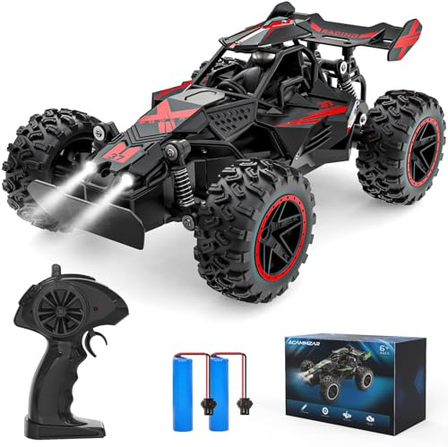 ACAMMZAR Voiture Télécommandée Tout Terrain, 1:18 20+KM/H Monster RC Truck avec Phare, Deux Batteries, Off-Road RC Voiture pour Enfants et Adultes, Rouge