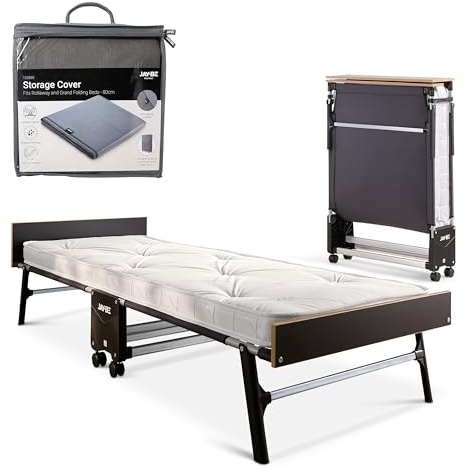 JAY-BE Grand Folding Bed with Mattress, 10cm Thick e-Pocket Sprung Mattress, 360° Castors, Headboard & Footboard, Portable Foldable Guest Bed (Grand Folding Bed + Cover, Single)
