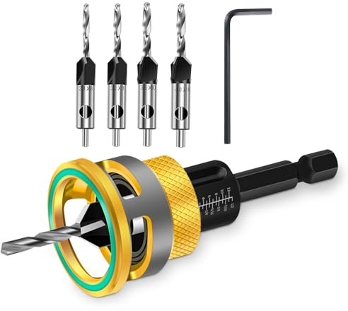 Juego de 6 brocas avellanadas con tope de profundidad ajustable y llave en forma de L, perfecto para proyectos de madera, plástico y carpintería(Golden)