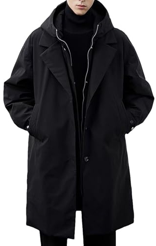 ANUFER Uomo Termico Cotone Imbottito Giacca Parka Media Lunghezza Incappucciato Inverno Trench Cappotto SN0706265 Nero 3XL