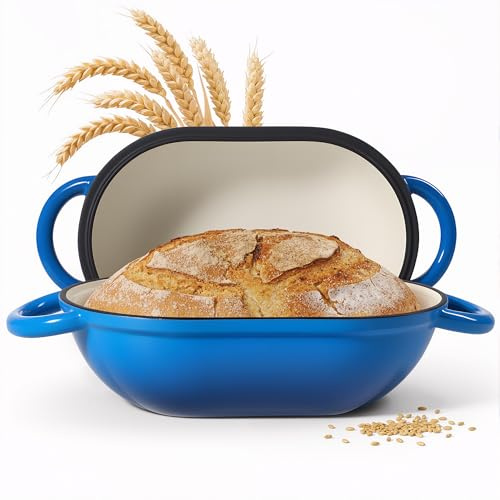 2 QT Oval Dutch Oven for Bread Baking, Enamelled Cast Iron Bread Oven for Sourdough, Sourdough Loaf Pan with Lid, Heavy-Duty Non Stick Bread Pan for Homemade Bread Baking, Blue