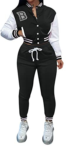 Traje de Béisbol de Dos Piezas para Mujer Conjunto de Chaqueta y Pantalones de Chándal Otoño Invierno con Estampado de (Black, L)