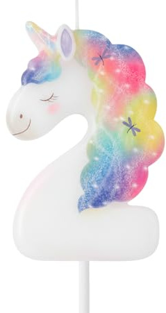 OH YEAH - Vela Número 2 Unicornio para Tartas - 6 cm - Vela Cumpleaños Infantil - Blanca con Melena y Cuerno Multicolor - Decoración Fiesta Unicornio