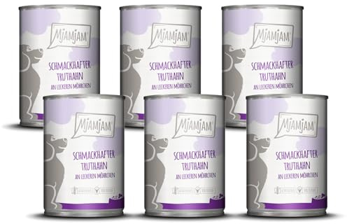 MjAMjAM - Premium Nassfutter für Hunde - schmackhafter Truthahn an leckeren Möhrchen, 6er Pack (6 x 400 g), getreidefrei mit extra viel Fleisch