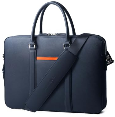 Maverick & Co. Manhattan laptopväska i läder – 16 tum portfölj för män, snygg affärsresa och arbetsväska, passar bärbar dator, hållbar, Marinblå – tiger orange, 41.5 cm (L) x 29.5 cm (W) x 6.5 cm (D)
