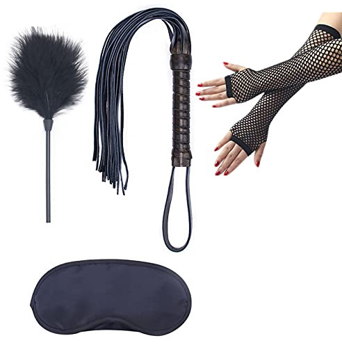 XHBTS 5 Stück Federpeitsche Federkitzler Erotik Leder Paddel Flogger Peitsche mit Spielsatin Augenmaske Augenbinde Netzhandschuhe Sex Spielzeug für Paare, Schwarz