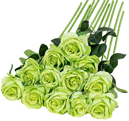 Hawesome 12PCS Künstliche Rosen Gefälschte Blumen Einzelne Lange Stielblüten mit Rosenknospen Hochzeitsdekoration Brautstrauß Dekoratives Blumenarrangement Dekoration Party Mittelstücke (Grün)