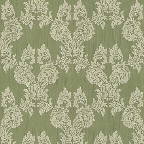 Textiloptik tapet Profhome 956304-GU textiltapet strukturerad i barockstil matt grön 5,33 m2