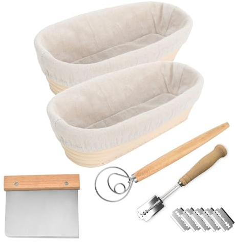 Cesta de prueba de pan ovalada, 2 cuencos grandes de 10 pulgadas/25 cm, masa madre de ratán 100% natural, para panaderos domésticos profesionales, masa de 750 g, rascador de masa, batidor de masa