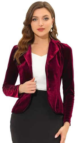 Allegra K - Giacca da donna, con risvolto dentellato, stile business, in velluto, blazer a maniche lunghe per ufficio, Borgogna, 44