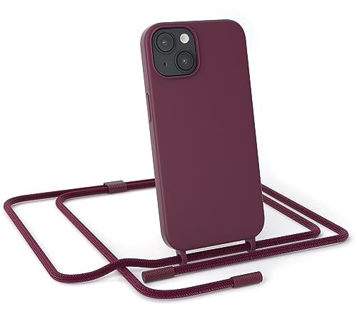 EAZY CASE - Handykette kompatibel mit iPhone 14 - dünne Handyhülle Hülle mit Band als Fallschutz Kette zum Umhängen stoßeste Hülle Silikon mit Mikrofaser in Beere