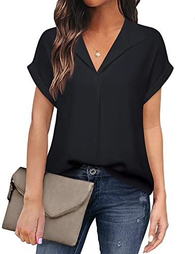 Timeson Womens Blouses for Work Professional: Business Attire Dress Shirts Short Sleeve - Work Clothes for Women Office Summer - Womens Tops Dressy Casual Chiffon Formal Interview Outfits Black M