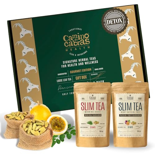 Slim Tea Gift Set – Detox Tea for Weight Loss and Belly Fat Support – Bloating Relief – Morning Boost & Night Caffeine Free Loose Leaf Slimming Herbal Infusions 2 x 100g (100 cups) – Camino de Cabras