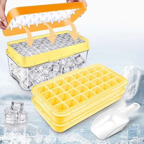 Eiswürfelbehälter mit Deckel und Behälter, 64 Stück Eiswürfel, einfaches Drücken, um das Eis zu lösen, Kühlen von Cocktail, Whiskey, Kaffee, 2 Schalen, 1 Eiskübel und Schaufel(Gelb)