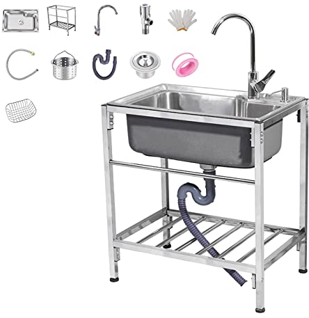 Duchunsheng Plan De Travail INOX Evier, Evier Jardin Professionnel Cuve Simple, avec Egouttoir Et Robinet, Acile À Nettoyer, Assemblage Simple, Jardin Lavabo, Peut Bouger Evier Cuisine Lave Bac