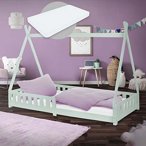 ML-Design Barnsäng Tipi 90x200 cm Mint med madrass H:16cm, fallskydd & spjälbotten, furuträ, Indisk säng massivt trä för flickor & pojkar, hus säng med staket, ungdomssäng lekbädd träbädd