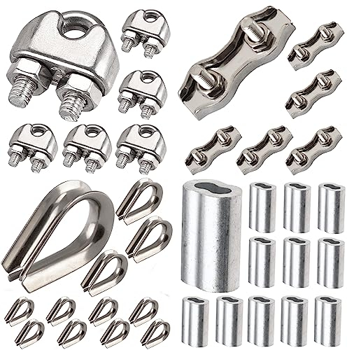 Leaum 36 Stück Drahtseilklemme Set, mit Drahtseilklemme 4mm Edelstahl M4, Drahtseil Kauschen 4mm und Pressklemme 4mm Aluminium für Drahtseil, StahlKabel