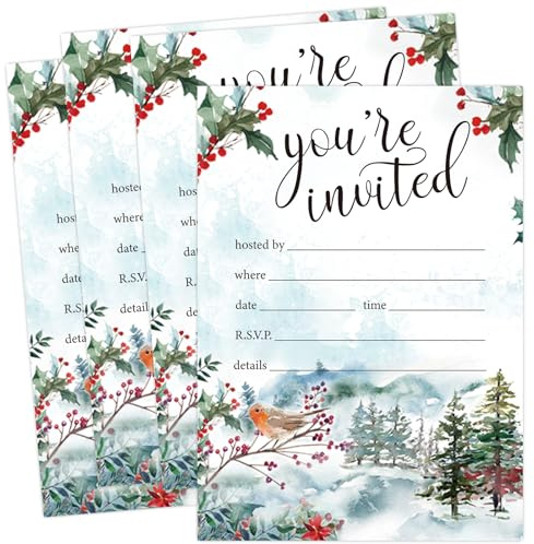 Whaline 25 Pack Christmas Party Invitation Cards Winter Woodland Robin Invitation Paper Cards with Dark Red Envelopes Xmas Holiday Watercolor Animals Party Invites
