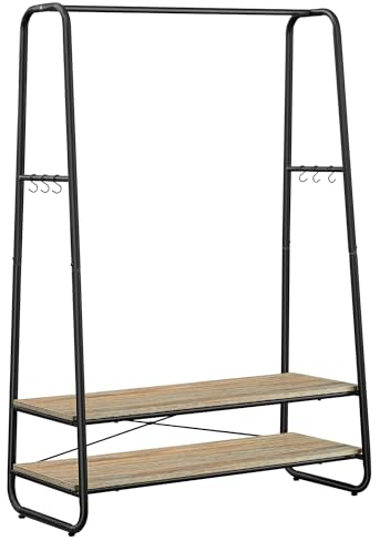 VASAGLE Kleiderständer, Garderobenständer, Garderobe, 2 Ablagen, 6 Haken in S-Form, Stahlgestell, 45 x 100 x 160 cm, für Schlafzimmer, Flur, Eingangsbereich, türkisbraun-mattschwarz RGR112K01