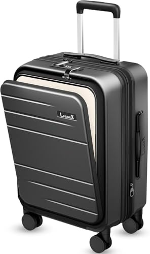 Luggex Expandable Carry On Suitcase with Laptop Compartment, 4 Spinner Wheels & TSA Lock, PC Hard Shell Cabin Suitcase Hand Luggage for Men Women Travel Business (Black, 56cm)