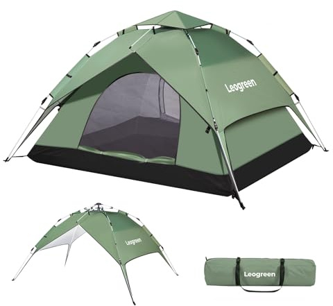 Leogreen Tente de Camping Pop Up 3-4 Personnes, Dôme Familiale Imperméable et Coupe-Vent, Deux Portes & Fenêtres, 2 en 1 Double Couche Automatique pour Camping Randonnée