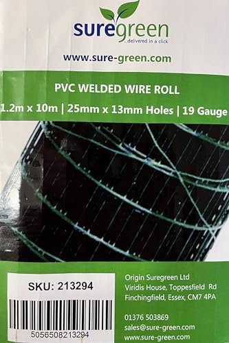 Suregreen PVC Coated Welded Wire Mesh Roll | 1.2m x 10m | 13mm x 25mm Holes | 19 Gauge | Garden Fence, Animal Enclosure, Protective Wire Fencing