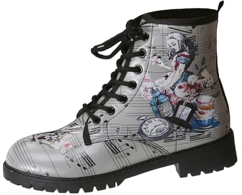 Ulalaza Stivali da donna Punta tonda Tacco largo Stivaletti con plateau gotico Stivali da combattimento da motociclista punk stringati Stivaletti corti in pelle con stampa multicolore