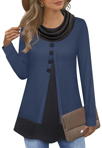 Datuhao Tunique Femme Manches Longues Élégante 2 en 1 Pull Long Sweatshirt Col Châle Patchwork Pull, bleu/gris, XXL