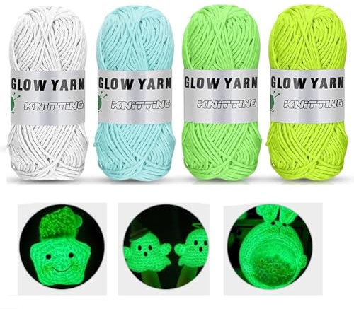 Yuragim Leuchtwolle zum Häkeln, 4 Rolle Leuchtendes Handstrickgarn Strickgarn im Dunkeln Leuchtende Häkelgarn, 50M je Rolle DIY Stoff Polyester Handstricken Leuchtendes Garn für Schal, Kunst Handwerk