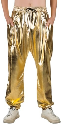 GENEMEN Mens Metallic Pants Elastic Bottoms Trousers Shiny 70s Disco Outfits Festival Party Fancy Dress Costume (Gold, M)