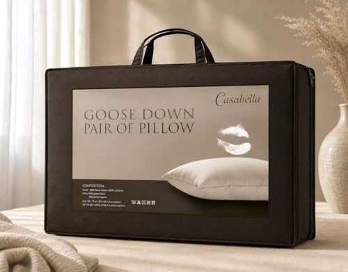 Casabella Pillows - Pillows 2 Pack - Goose Feather & Down Pillow - Prime Quality Neck Pillow, Back Support - 100% Cotton Shell, Hypoallergenic, Medium & Soft Firmness 48x74cm