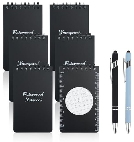 6 Pezzi Mini Quaderni Impermeabile, Blocco Note Piccolo Taccuino Tascabile con Penna, per Tutte le Stagioni Block Notes Tascabile a Spirale Tactical Blocchi Appunti per All'aperto, 50 Fogli (Nero)