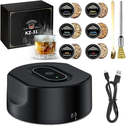Electric Whiskey Smoker Kit with 6 Wood Chips - Enhance Your Drinks and Dishes with Rechargeable Cocktail Smoker Kit for a Delightful Smoky Finish Suitable for Mixologists and Culinary Enthusiasts