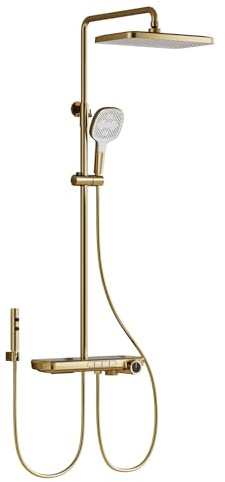 Duschsystem med termostat, duscharmatur komplett set med digital display, regndusch, duschset inkl. duschhuvud, 3 lägen handdusch, vattenfall badpip, 2 spray bidé (borstat guld)