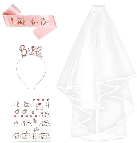 Bride to Be Sash, Hen Party Accessories, 5 PCS Hen Do Decorations Set Includes Bride Sash Headband Hen Tattoo Bride Veil with Comb, Hen Do Accessories for Bridal Shower Wedding Hen Party Decorations