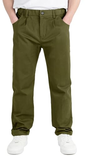 CAMLAKEE Pantalones Chino de pierna recta para niños, pantalones escolares de uniforme para niños con cierre de cremallera, Ejercito Verde, 12-13 años