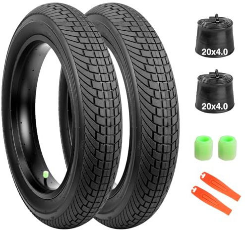 MEGHNA Fatbike Kit de pneus de vélo électrique 20 x 4,0 – Pneus de vélo électrique de qualité supérieure pour neige, sable et tout-terrain – Avec chambre à air et démonte-pneu – Compatible 98-406 (2 x