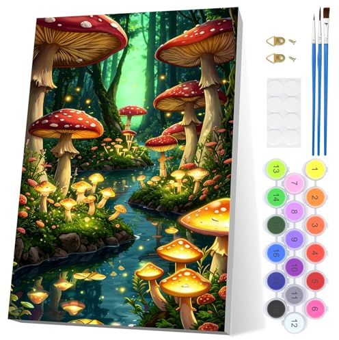 EOBROMD Hongos Pintar por Numeros Adultos, Bosque de Fantasía Pintura por Numeros con Marco, Kit de Pintura al óleo de Lienzo DIY para con Pinceles, Pigmento Acrílico, Decoración para el Hogar 20x30cm