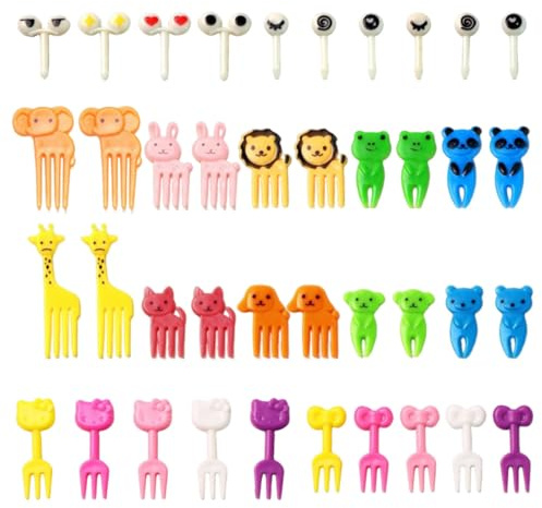MUNZE 40 Tenedores Frutas Niños, Mini 3D, Reutilizables, Gato+Elefante+Jirafa+Ojos, Para Almuerzo Té Fiesta