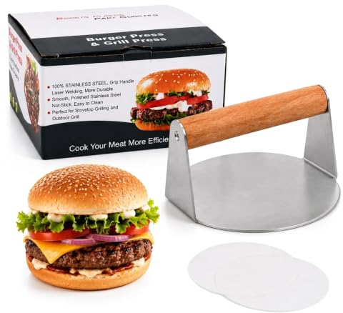 Pressa per Hamburger in Acciaio Inox Ø 14 cm, Schiacciacarne Professionale con Manico in Legno incl. 50 Dischi di Carta Forno, Smash Burger Press per Grill e Padella, Ideale per Steak, Bacon e Panini