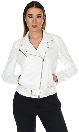 D'Arienzo Chiodo in Pelle Donna Bianco Vera Pelle Giacca Giubbotto Moto Made in Italy Chiodo L/Bianco