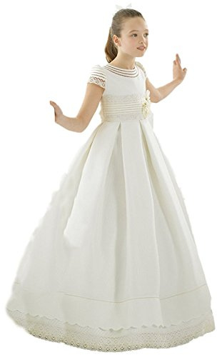 CoCogirls Vestido de primera comunión para niñas, color blanco, princesa, de satén y encaje, mangas medias, para niñas y niños, vestido de flores para niña, Blanco, Aprox.Alter 10