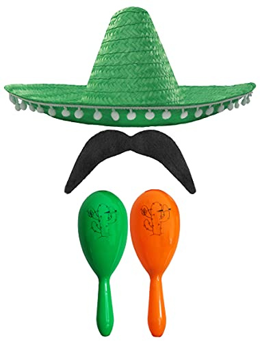 Mexikansk underbar klänning tillbehörsset – Mexikansk SOMBRERO med maracas och tash grön POM SOMBRERO + grön och orange maracas