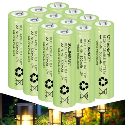 SOLUMINATE AA Rechargeable Solar Light Batteries 1.2V 300mAh NiMH (12-Pack) | Designed for use in outdoor garden solar lights. AA Size 50.5mm x 14.5mm. Very latest NiMH technology. A UK brand.