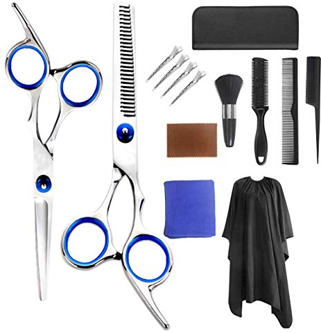 Haarschere Set, 14 Pcs Haarschere Friseurschere set mit Edelstahl Einseitiger Effilierschere Friseurumhang Kamm und Clips, Haarschere Modellieren für Friseur Frauen Männer Kinder Haustiere