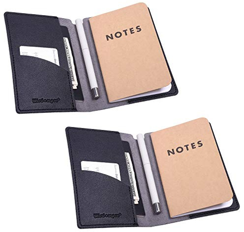 Wisdompro 2 Piezas Cubierta Cuaderno de Cuero, para el Diario de Tamaño 9 X 14 cm, Portadocumentos de Viaje para Tarjeta de Crédito, Pasaporte, Bolígrafo (Negro)